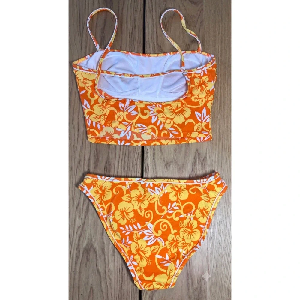 Esprit Vintage 90s Beach Two Piece Bikini Women Large Orange Floral Retro Surf